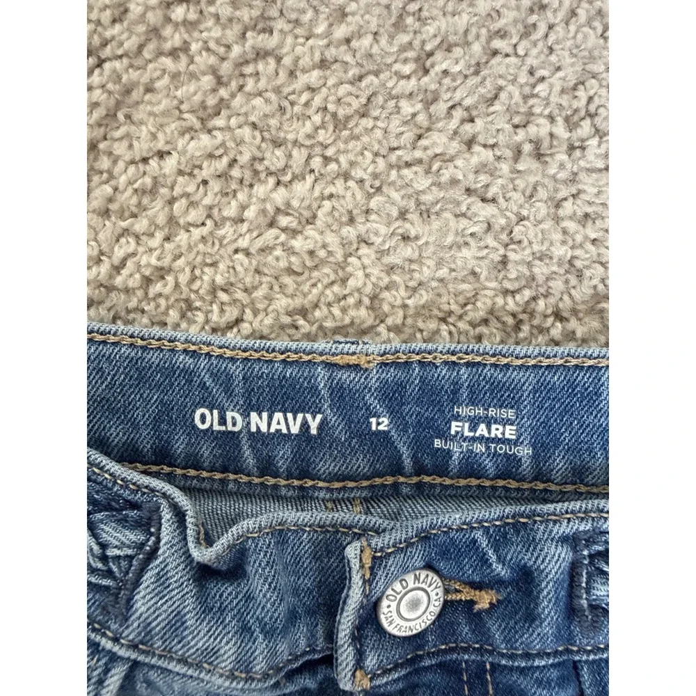 Old Navy Girls Blue High Rise Flare Jeans Braided Waist Built-In Tough Size 12